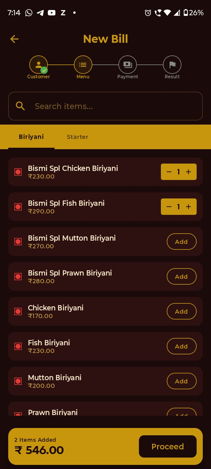 KhanaBook new-bill screen for selecting menu items and creating an order