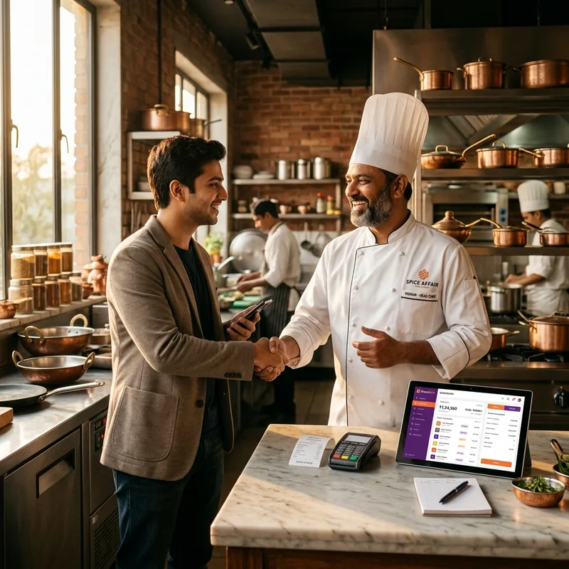 Chef and entrepreneur collaborating in a modern kitchen